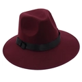 Detail of burgundy wool felt fedora hat featuring classic black ribbon band and thick texture - One Size / Burgundy