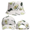 Detail view of white sun hat set with green avocado print pattern and artistic typography - Pure White Avocado All-Over Print Set (Style 5) / Baseball Cap + Bucket Hat