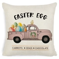 Beige linen Easter pillow cover with pink vintage truck carrying colorful eggs and chick - Zl2002064-32 / 45*45cm Cover Only