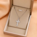Micro pave cross necklace in silver finish presented in a premium champagne jewelry gift box - 9215 / Silver