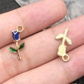 Blue rose flower enamel charm pendants with gold plating and green leaves on finger - 1Pc Blue Rose 9x18mm