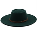 Detail of dark green felt fedora hat featuring a stylish brown faux leather buckle strap - M (56-58cm) / Dark Green
