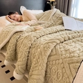 Thick light khaki embossed fleece blanket with warm white sherpa lining for home - Bell Coffee