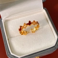 Detailopname van gouden vlinderring met rood emaille en verfijnde metalen kralenrand - Goud-Rood