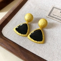 Detail of vintage geometric earrings with gold hammered texture and black enamel finish - 44# Silver Pin Enamel Triangle Stud Earrings