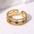 Verstellbarer goldener Edelstahlring mit schwarzem Emaille-Auge und Seilrandtextur - Einstellbar Offen / Schwarz