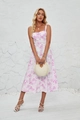 Detail of purple floral summer dress featuring a delicate drawstring bust and spaghetti straps - White with Rose Red Floral