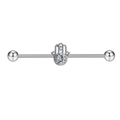 Silver industrial barbell earring featuring a Hamsa Hand design with white zircon stones - Hamsa Hand