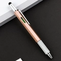 Rose gold 6-in-1 tool pen with level, ruler, stylus, and knurled grip on a split background - Style A / Rose Gold