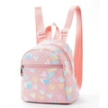 Pink quilted mini backpack with colorful heart patterns and adjustable straps - Pink Colorful Hearts Quilted