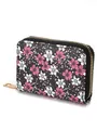 Floral print accordion card holder wallet in black with secure gold zipper closure - Black Wildflower Print