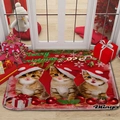 Detailed view of the Christmas cat door mat in a festive porch setting with snowmen - 40x60cm / Three Christmas Cats