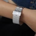 Silver bangle with honeycomb pattern and rectangle faux-shell inlay set in micro-crystals - Silver Color White Shell Bangle