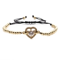 Adjustable gold beaded heart bracelet with cubic zirconia and black drawstring cord - Gold Copper Beads + Black Rope