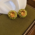 Orecchini vintage dorati con smalto verde e gemma sfaccettata arancione decorativa - Stile Foglia Smalto Verde / Perno in Argento - Oro - Verde (Placcatura in Oro Zecchino)