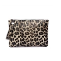 Fashionable leopard print clutch bag with wrist strap and zipper closure for women - Beige