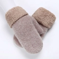 Thick knitted mittens for women with plush cuffs in beige wool for winter warmth - Khaki