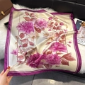 Detail of silk scarf featuring pink peony floral patterns on a deep purple bordered edge - 70*70cm / Purple Red Peony Floral