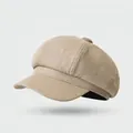 Classic beige TR twill octagonal newsboy hat with minimalist eight-panel design for women - One Size / Plain Fine Texture-Khaki