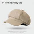 Classic beige TR twill octagonal newsboy hat with minimalist eight-panel design for women - One Size / Plain Fine Texture-Khaki
