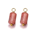Pink natural stone cylinder pendant with gold ring and bead for DIY jewelry making - Watermelon red