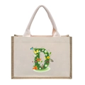 Linen canvas tote bag featuring floral letter D print with jute bottom and cotton handles - Floral Letter D