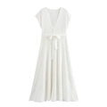 Elegant French jacquard V-neck white lace maxi dress with short sleeves and waist tie - XS / White