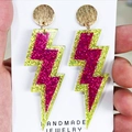 Fluorescent lightning bolt earrings with hot pink and neon green glitter finish - Pink & Green Glitter Lightning