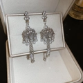 Detailed view of silver tassel drop earrings with pearls and zircon in a jewelry box - Rhinestone Pearl Water Drop Lantern Tassel Earrings