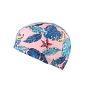 Pink swim cap featuring tropical leaves and fruits pattern on durable elastic fabric - Leaf Pink