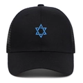 Black mesh trucker baseball cap featuring a blue embroidered Star of David symbol - Adjustable / Black