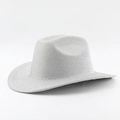 Detail van zilveren glitter cowboyhoed met metallic textuur en brede gebogen rand - M (56-58cm) / Wit (Zilveren Glinsteren)