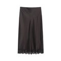 Elegant black satin midi skirt with delicate lace trim for a sophisticated feminine look - XS / Skirt