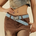 Blue canvas belt with silver butterfly buckle and sequins worn on denim jeans - 100cm / Blue Denim Butterfly Buckle Sequin Style (K0152B)