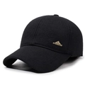 Men's winter thick wool blend baseball cap in black with ear flaps and metal sport badge - Adjustable / Black