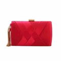 Elegant red satin evening clutch bag with pleated texture and gold metal tassel detail - Red
