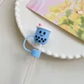Blue boba tea silicone straw topper with cute face and pink straw detail for 10mm cups - Sky Blue Milk Tea / 10mm-Individual Package