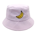 Detail of yellow banana embroidery on a light purple cotton canvas bucket sun hat - M(56-58cm) / Purple
