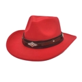 Close-up of red western felt hat with a studded leather band and turquoise-style buckle - M (56-58cm) / Red