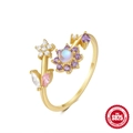 Verstellbarer S925 Sterlingsilber Ring in Goldoptik mit bunten Zirkonia Steinen - Einstellbar Offen / Gold #8/Mondstein Blumen