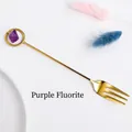 Creative gold dessert fork featuring a raw purple fluorite stone on a long handle - Purple Fluorite Fork - Gold