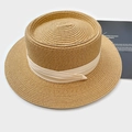 Flat top straw boater hat with cream ribbon for summer beach sun protection - Khaki With Beige Ribbon