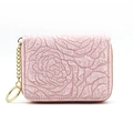 Pink accordion card holder with rose embossed pattern and golden zipper chain - Pink