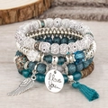 Bohemian multi-layer beaded bracelet set with wings, blue tassels and I Love You charms - Peacock Blue