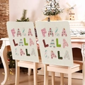 Pink Christmas chair covers with FA LA LA text on beige linen for holiday dining decor - Colorful Letters FA LA LA (YT02-14)