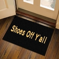 Black rectangular 'Shoes Off Y'all' doormat with gold texture lettering on wood floor - Shoes Off / 60*90cm