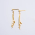 Detail of gold ball stud earrings with triple snake chain tassels and pearl mounting pins - Gold Tassel Stud