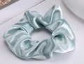 Elegant mint blue satin scrunchie with silky pleated texture and elastic hair band - Solid Satin Scrunchie - Blue