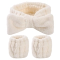 Set fascia con fiocco e polsini in peluche bianco crema per lavaggio viso - Set da 3 Pezzi Bianco Crema a Tesa Larga (133#)