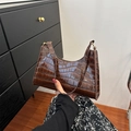 Brown crocodile pattern patent leather baguette underarm bag with gold metal hardware - Dark Brown